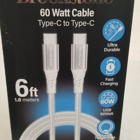 Brookstone 60 Watt Cable Type C to Type C 6 Ft White 1.8 Meters Brand New - Picture 9 of 16